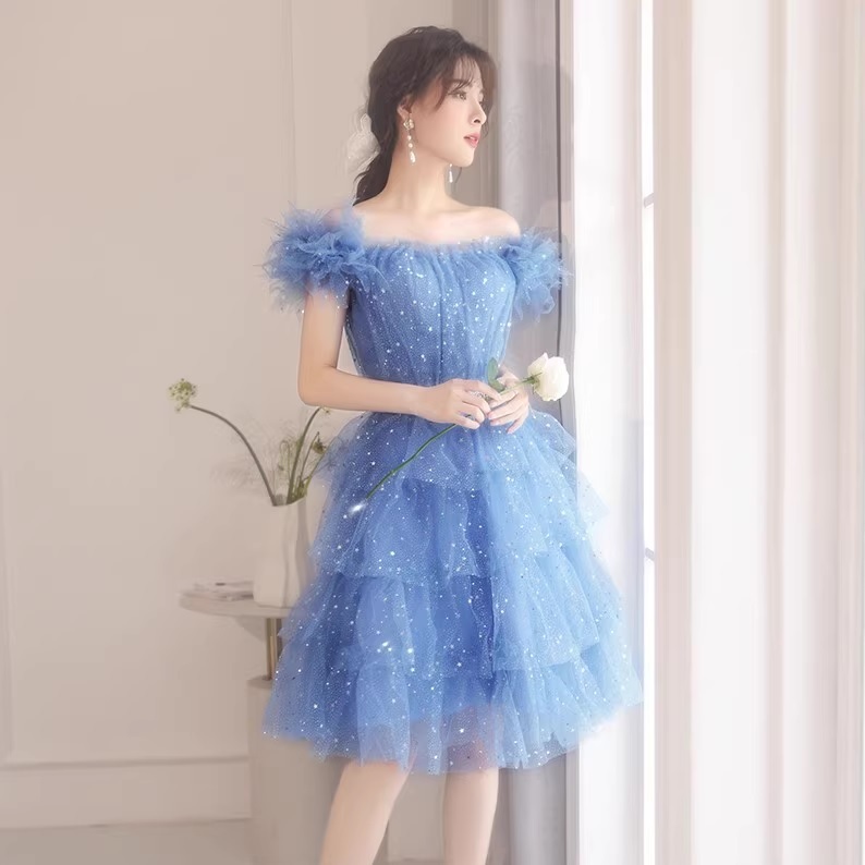 Gaun Pesta 2410001 Biru Muda Lengan Pendek Sabrina Party Dress