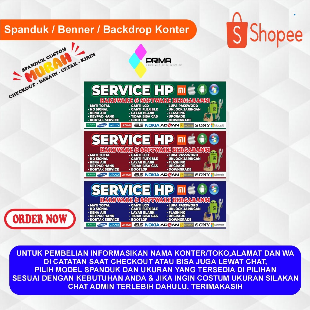 BANNER SPANDUK SERVIS HP CUSTOM/HIASAN KONTER PULSA/PERLENGKAPAN KONTER PULSA