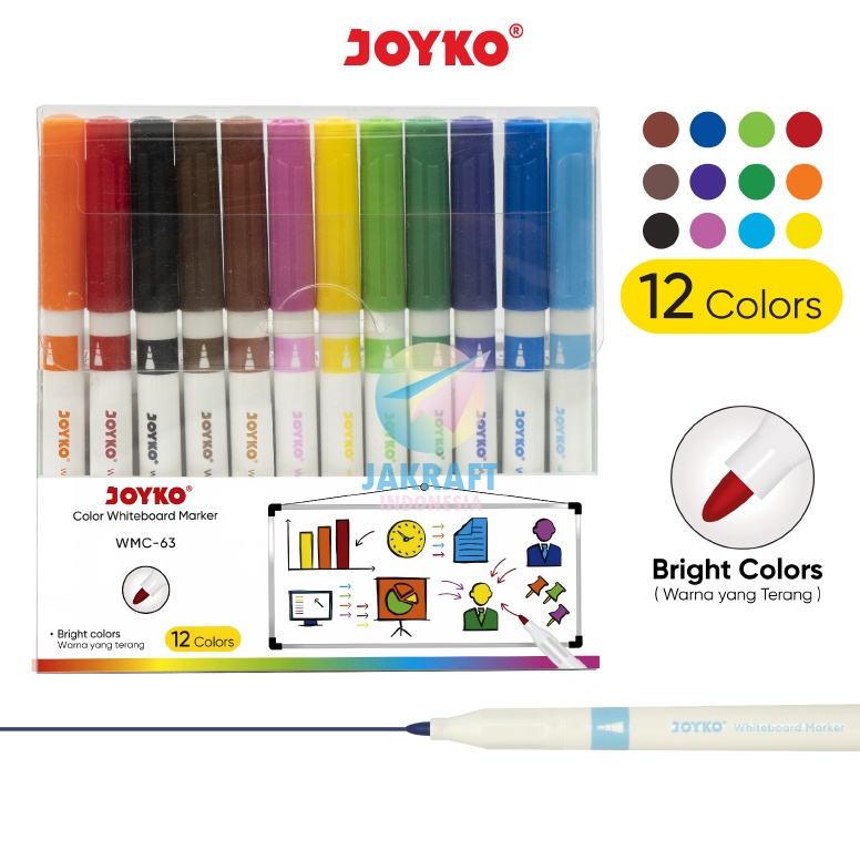 

ART M6J7 12 Pcs Set Spidol Papan Tulis Segala Jenis Set 12 Warna JOYKO WMC63 Erasable Whiteboard Glassboard Marker Bisa Dihapus
