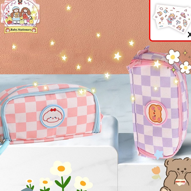 

KF7 Tempat Pensil motif Kartun Beruang Sleting Korea Aesthetic Lucu Import Pencil casePremiumPlaid Zipper Kompartmen Imutkotak pensil