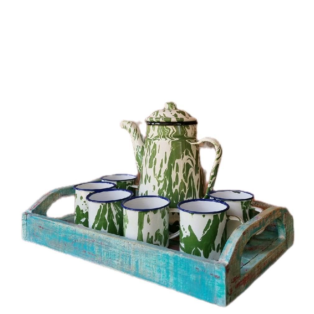 Paket Nampan Kayu, Teko Enamel lurik hijau, dan gelas lurik hijau Jadul Vintage