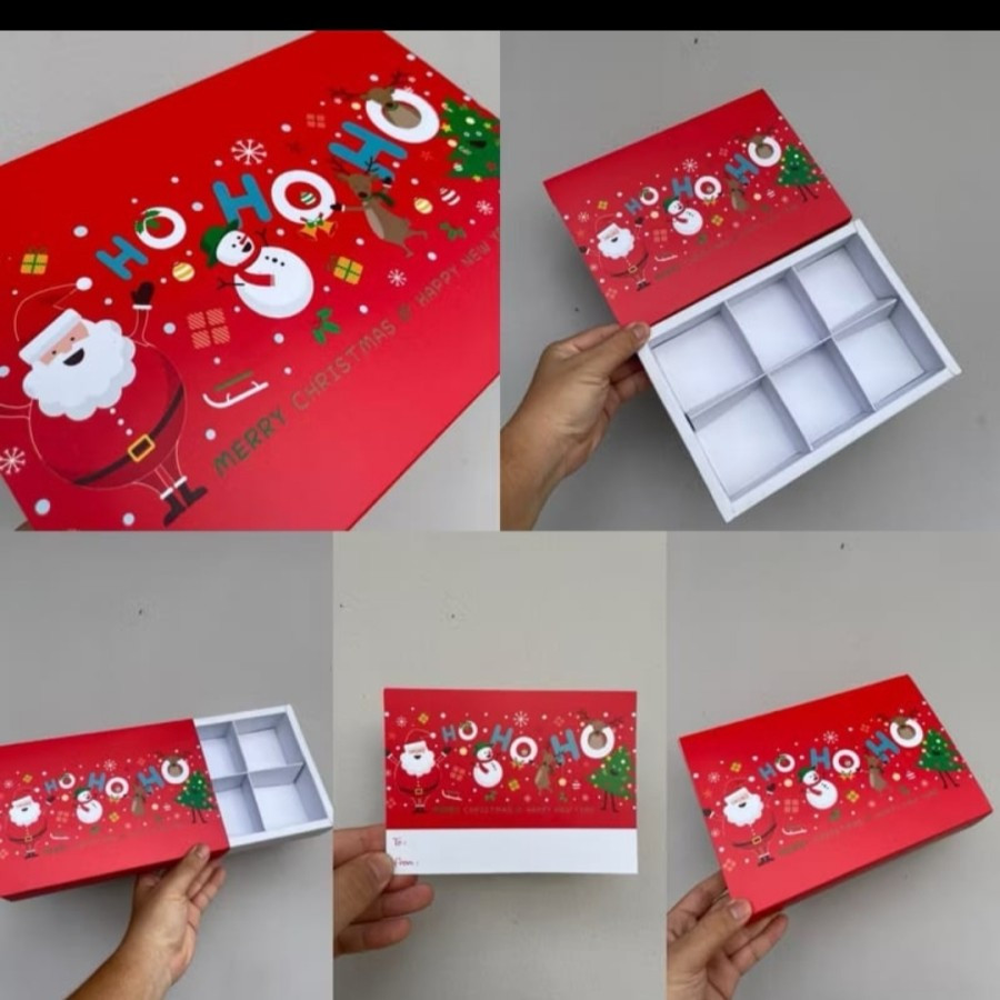 

( 5 pcs ) dus putih natal tutup merah motif ho ho ho mery christmas kotak box sekat 6 untuk kemasan fruitpie, mini pao ukuran 24.5 x 17.5 x 4.5 cm