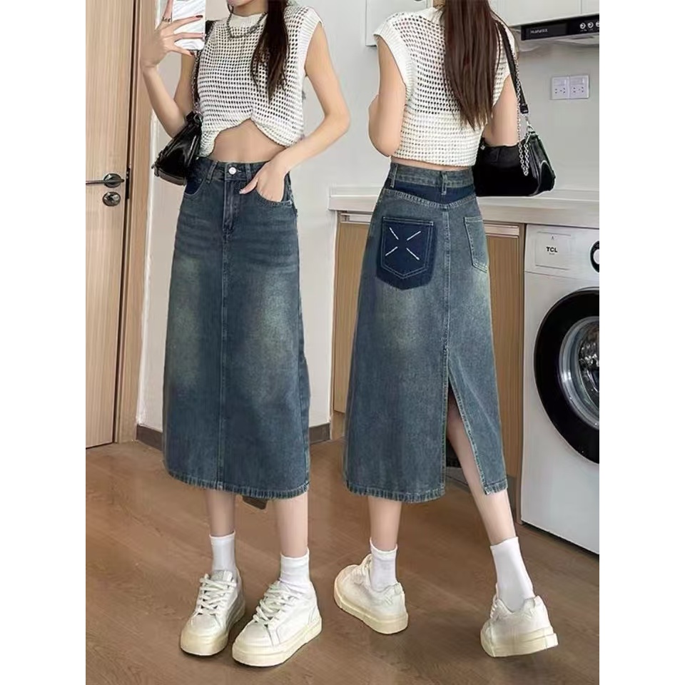 ✅【Premium】COD-WH009-Rok denim terbaru 2024-Rok denim pinggang tinggi ala Korea-rok denim belahan pin