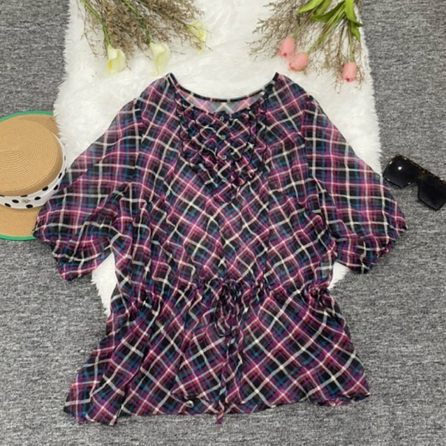 48K SHOP-Atasan wanita /  blouse /  blouse wanita /  blouse ungu kotak transparan / blouse casual /b