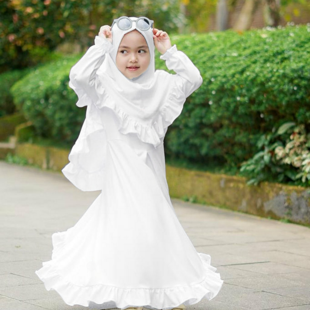 Gamis Anak Jersey Set Jilbab / Gamis Anak Perempuan 3-12 Tahun / Gamis Putih Simple Polos / Gamis Je