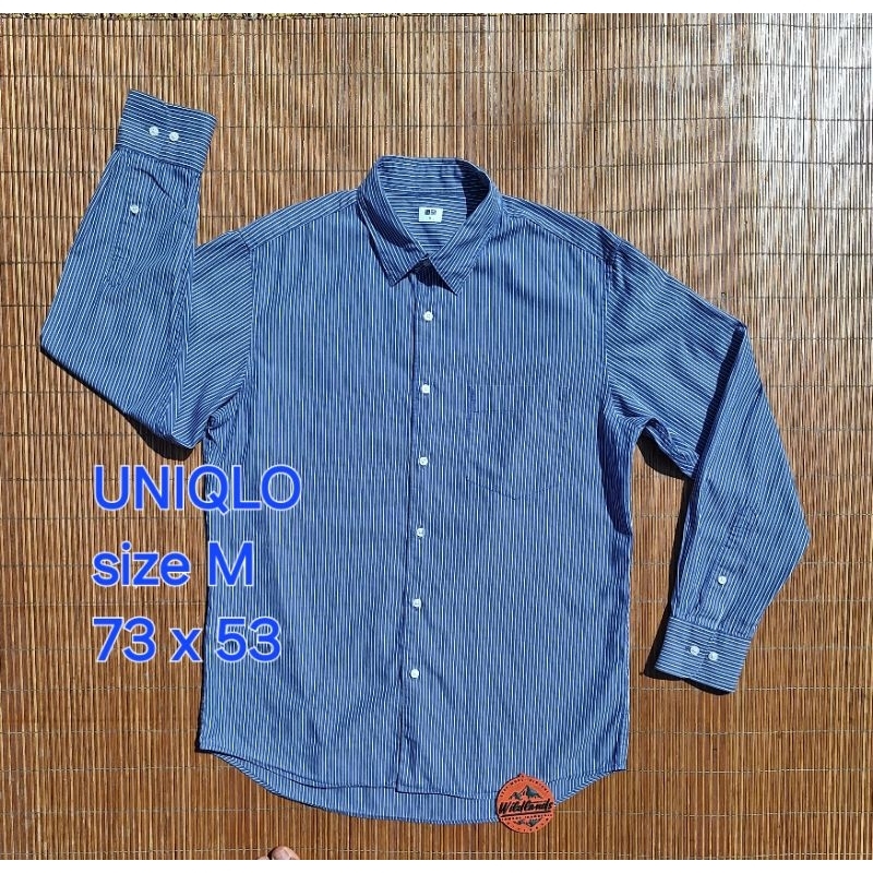 Baju Kemeja UNIQLO Garis Salur Stripe Biru Pria Lengan Panjang