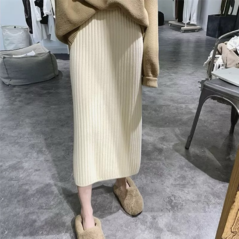 Rib Knit Midi Skirt Rok Span Rajut Polos Premium Import