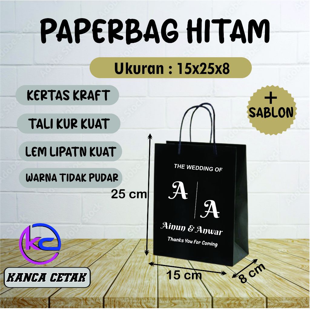 

PAPERBAG KRAFT HITAM SABLON 15X25X8 - PAPERBAG KERTAS HITAM -HAJATAN - PAPERBAG SABLON - PAPERBAG