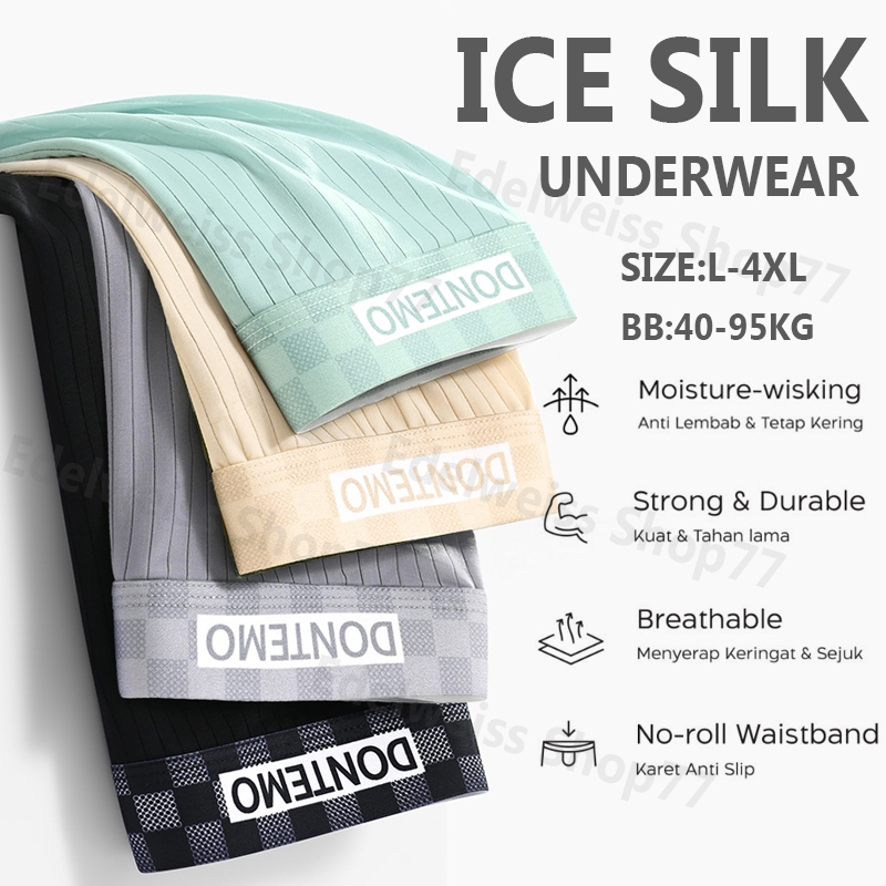 PAKET 4 PCS Celana Dalam Pria Boxer Ice Silk Adem Lembut Tipis Antibakteri Elastis CD