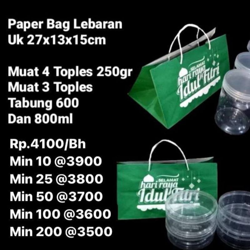 

Paper Bag Lebaran Hijau Uk 27x13x15cm Muat 4 Toples 250gram