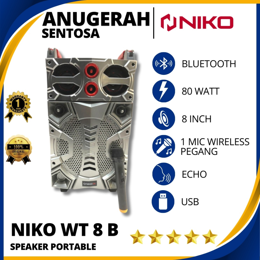 Speaker Aktif Portable Wireless Bluetooth Niko WT 8 B Ukuran 8 Inch Original