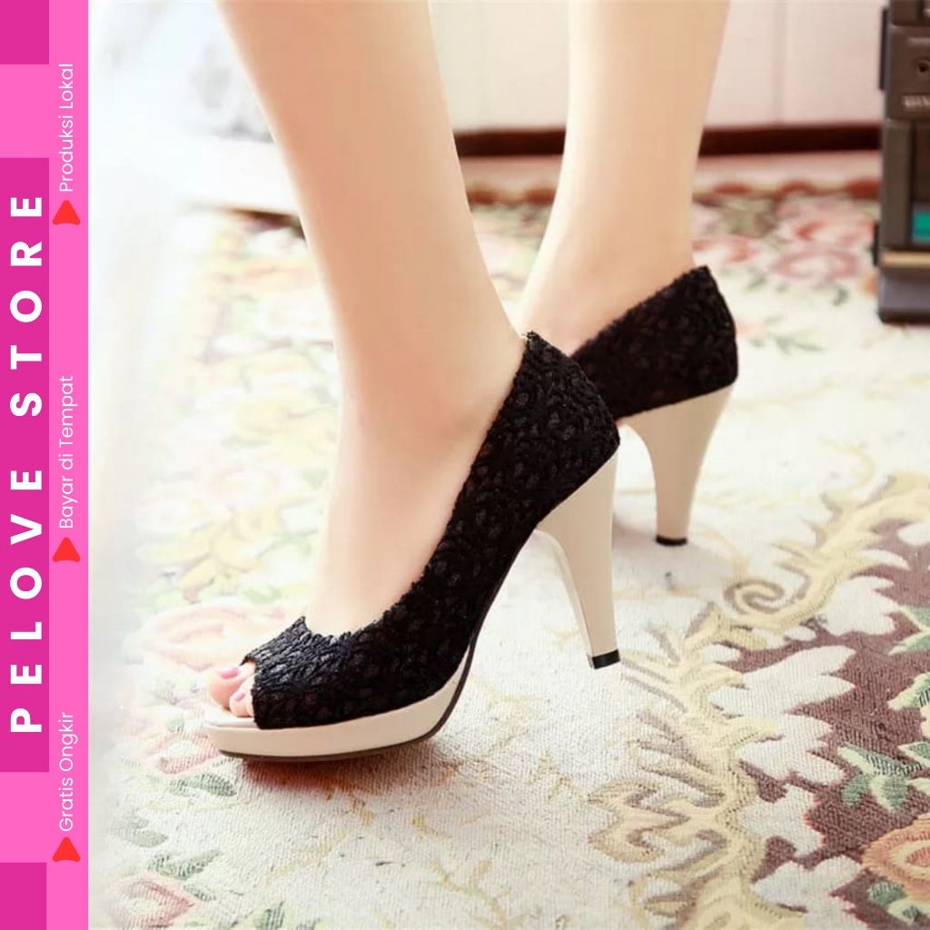 PELOVE SHOES - SANDAL HEELS PESTA/WEDDING WANITA HAK 12 CM MODEL BRUKAT BUNGA MD 02