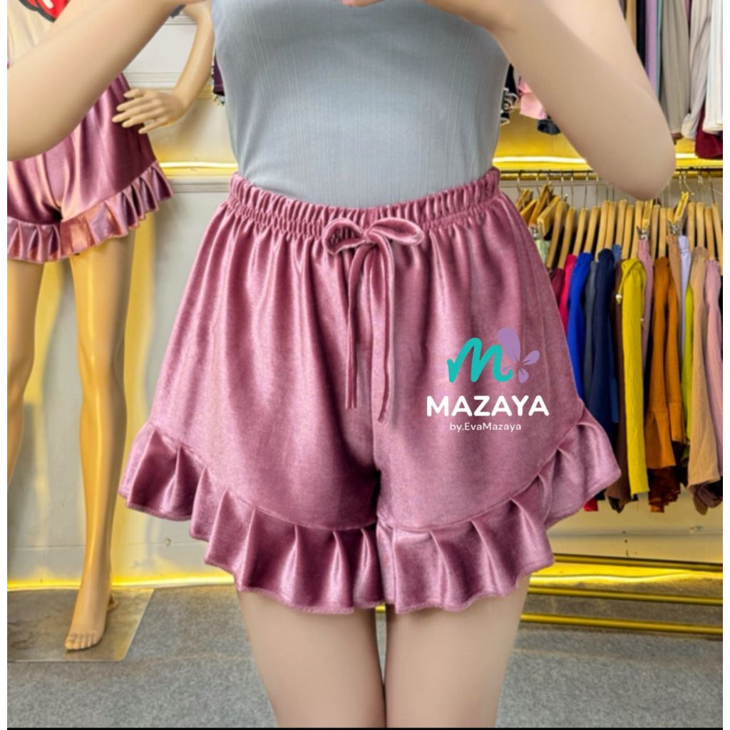 HOTPANTS RUFFLE BLUDRU VELVET CELANA PENDEK WANITA SANTAI HIGH WAIST