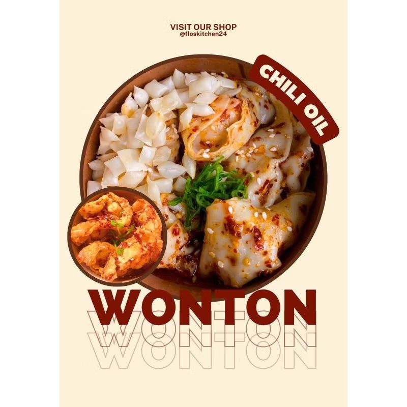 

Pangsit Ayam Original Dengan Saus Chili Oil Pedas Manis Gurih