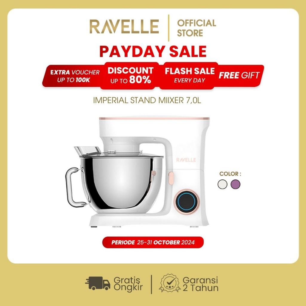 RAVELLE Stand Mixer 7L Imperial Electric Mixer - White| Pengaduk Adonan Roti dan Kue