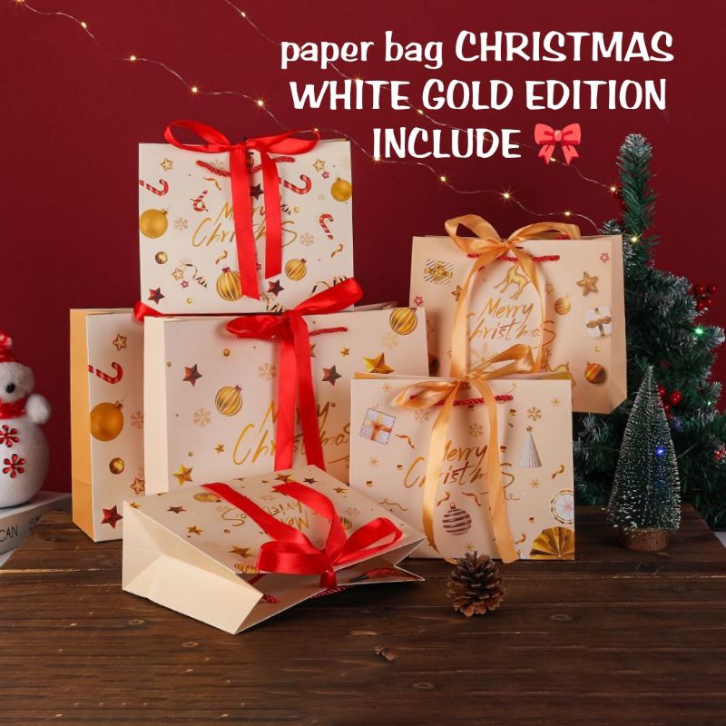 

PAPER BAG CHRISTMAS WHITE GOLD EDITION + PITA / TAS PAPER BAG HADIAH NATAL INCLUDE PITA PB-N12