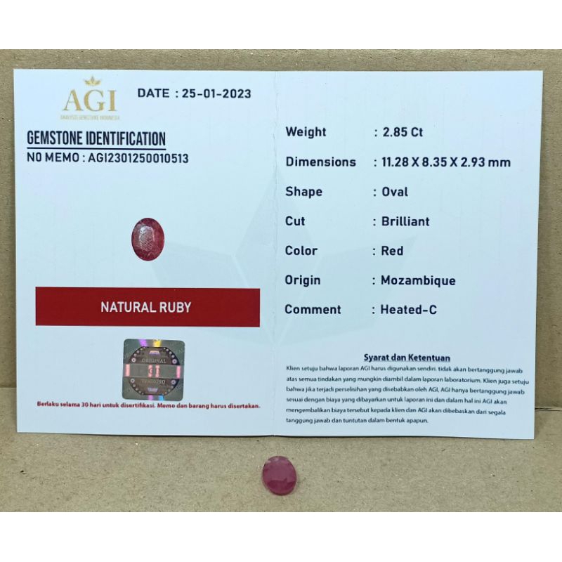 LOSTONE ASLI NATURAL BATU PERMATA RUBY ' PIEGON ' BERSERTIFIKAT