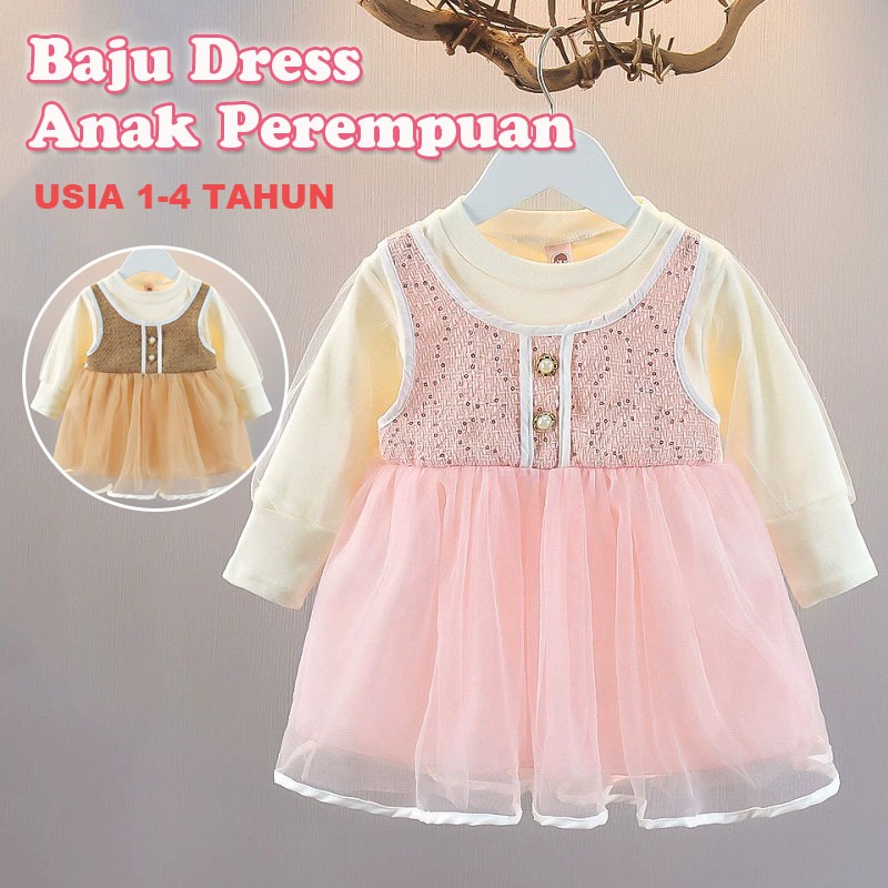 RAINBOW Baju Dress Anak Perempuan 1-4 Tahun Gaun Bayi Gaun Putri Jaring Lengan Panjang Korea Style