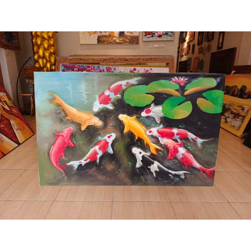 HIASAN DINDING DENGAN LUKISAN IKAN KOI 9 EKOR UK 135X85CM