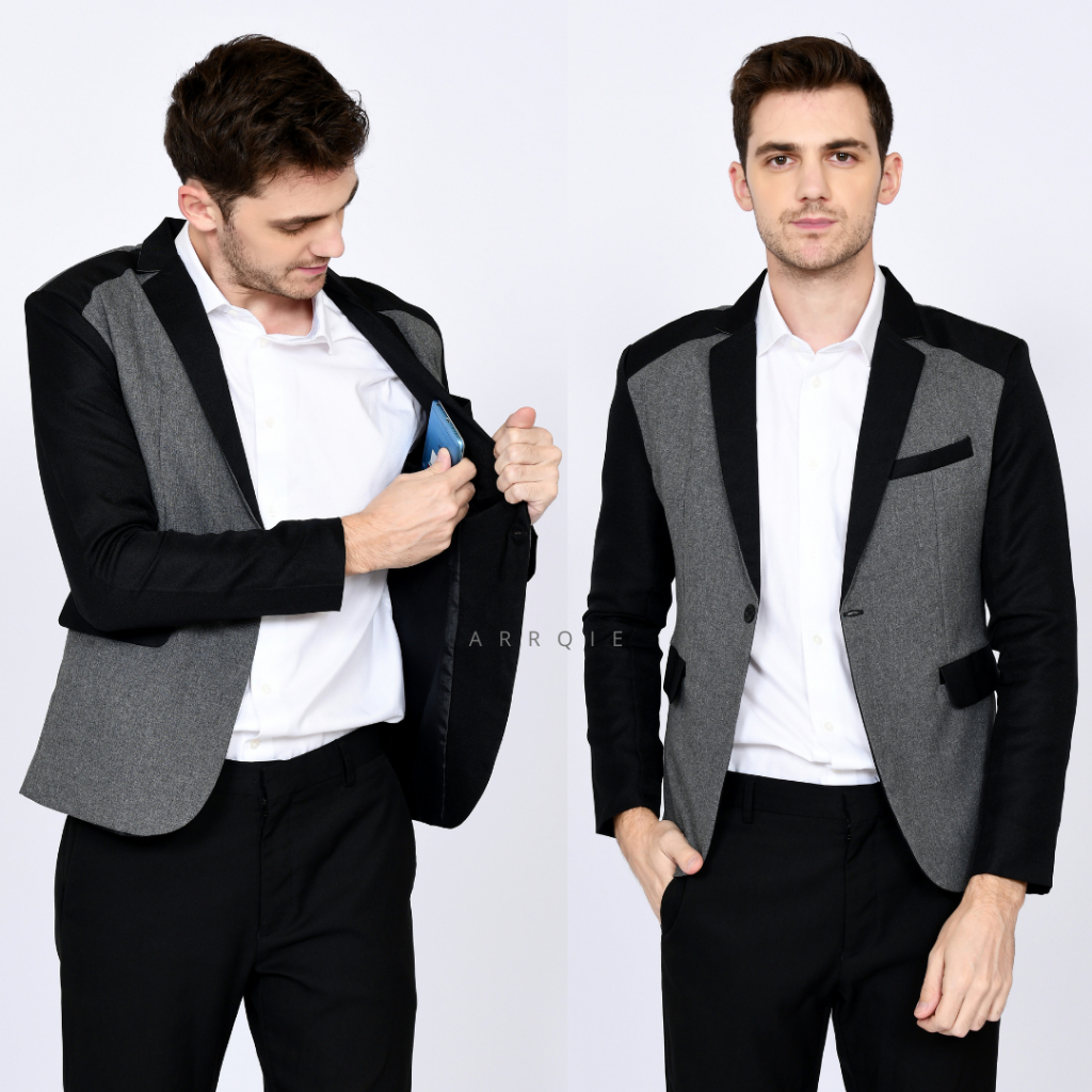 Terlaris  Blazer Pria Korean Style Model Slim Fit Warna Abu Kombinasi Bahan Lembut Nyaman Dipakai
