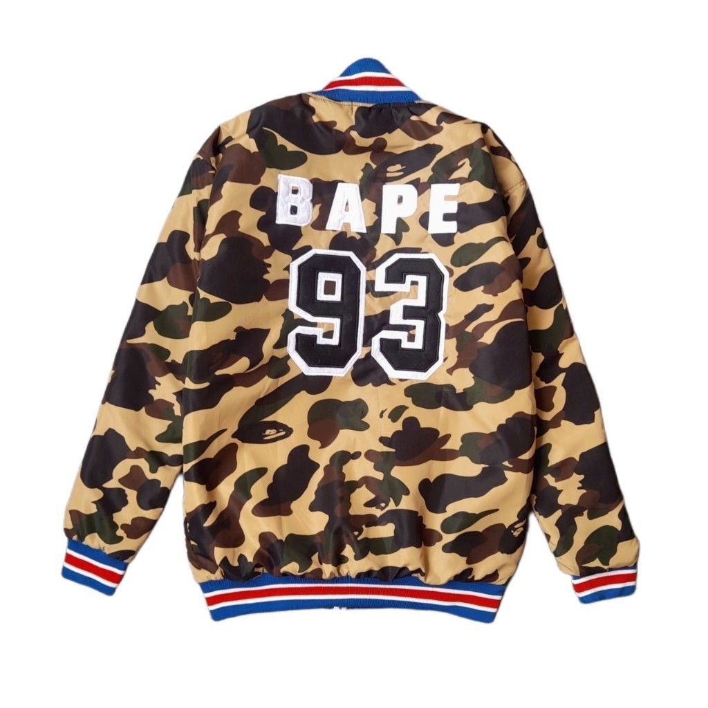 JAKET BOMBER VARSITY BAPE A BATHING APE HEAD BLUE CAMO BROWN