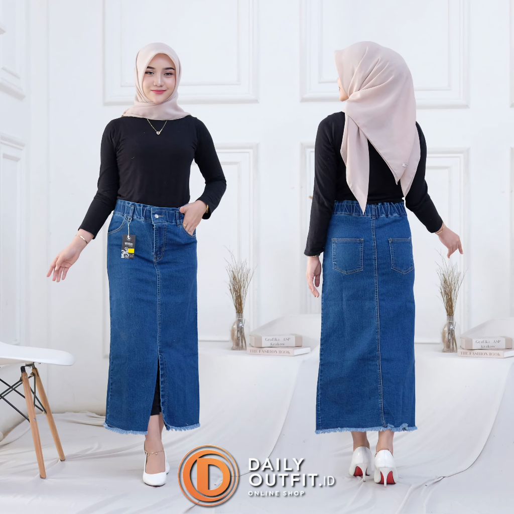 STORY Rok Jeans Rawis 7/9  Wanita // Coral Skirt Jeans Highwaist Belah Depan
