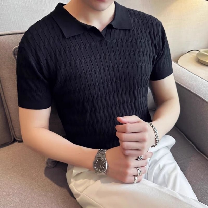 Sweter rajut pendek pria Import berkerah Rajut lengan pendek