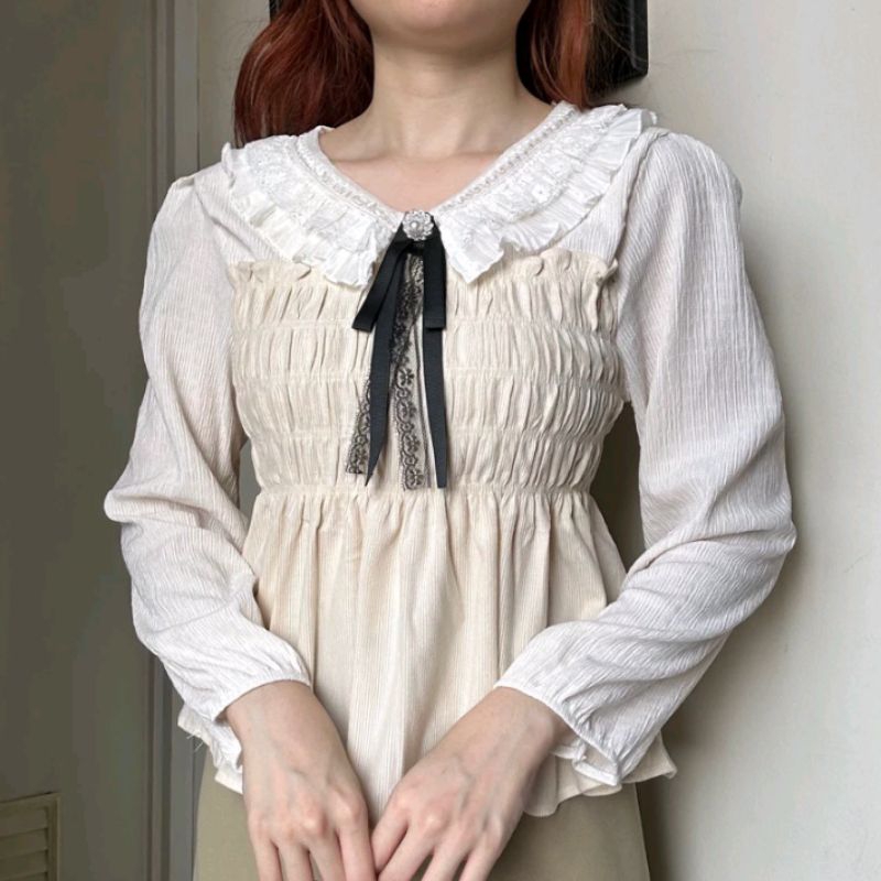 MARISA BLOUSE KOREA STYLE WANITA ATASAN LUCU KERUT DADA HIASAN PITA BROS BAJU POTD LUCU CEWEK