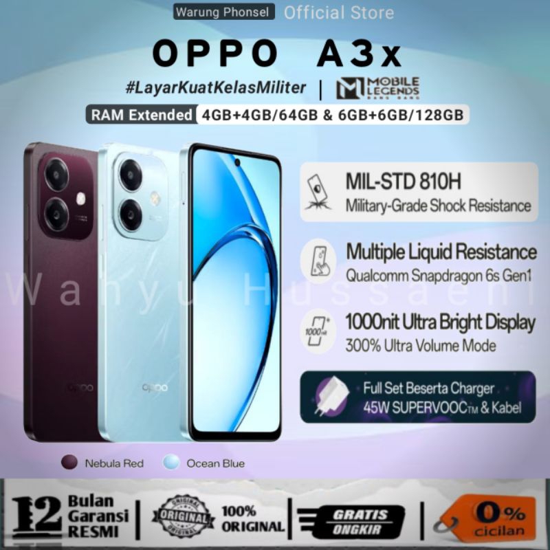 Oppo A3X Ram 4GB+4GB/64GB & Ram 6GB+6GB/128GB [Extended RAM 8GB & 12GB] | 100% Original GARANSI RESM