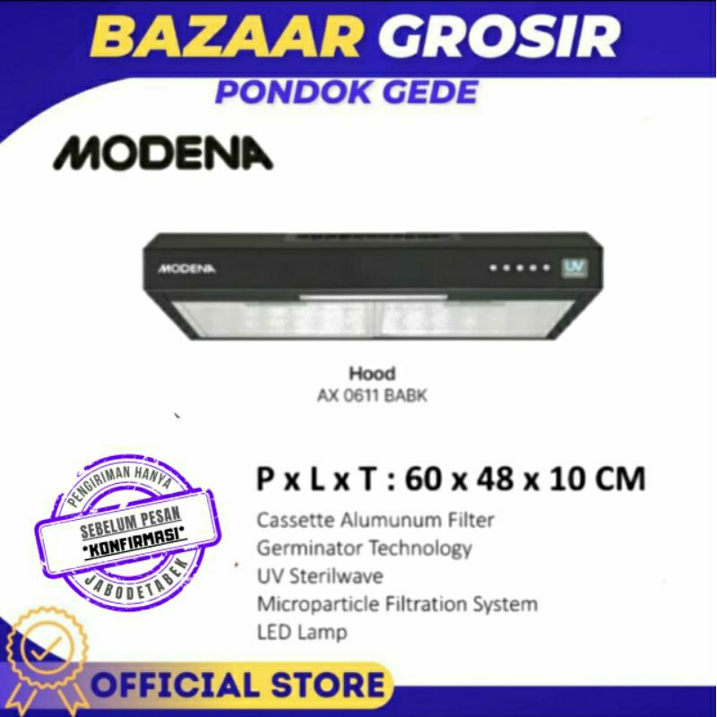 Modena AX 0611 BABK Cookerhood Purifier Slim Hood Hybrid Hitam 60cm