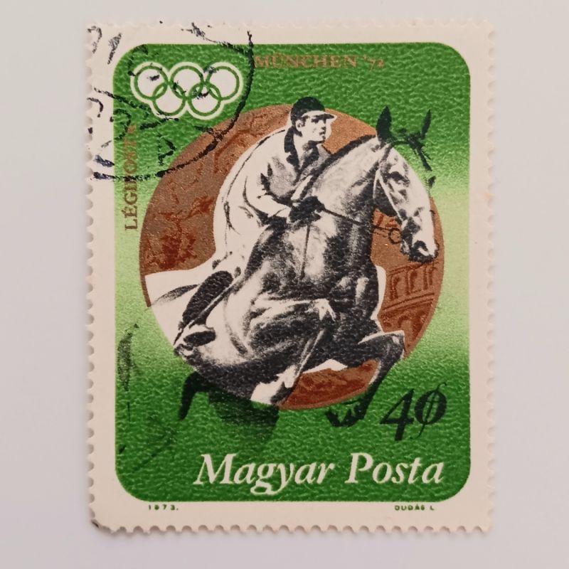 

(AE) Perangko Hongaria 1973 Summer Olympic Games 1972 - Munich (Medals) - Gold Medalist Andras Balczo, Horse (Equus ferus caballus) 4 fillér CTO