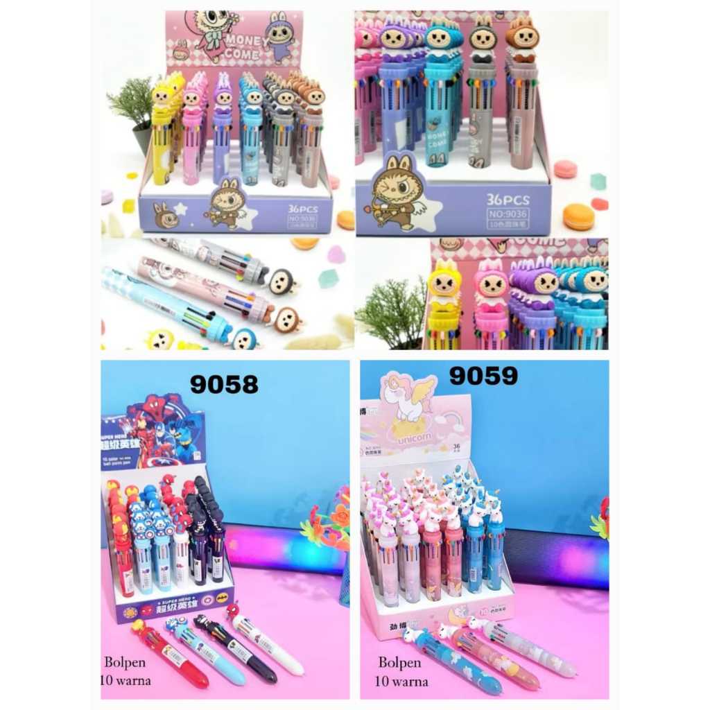 

[6 pcs] Pulpen 10 Warna Karakter Lucu Bolpoin 8 Warna Superhero Unicorn Labubu 9058 9059 15205