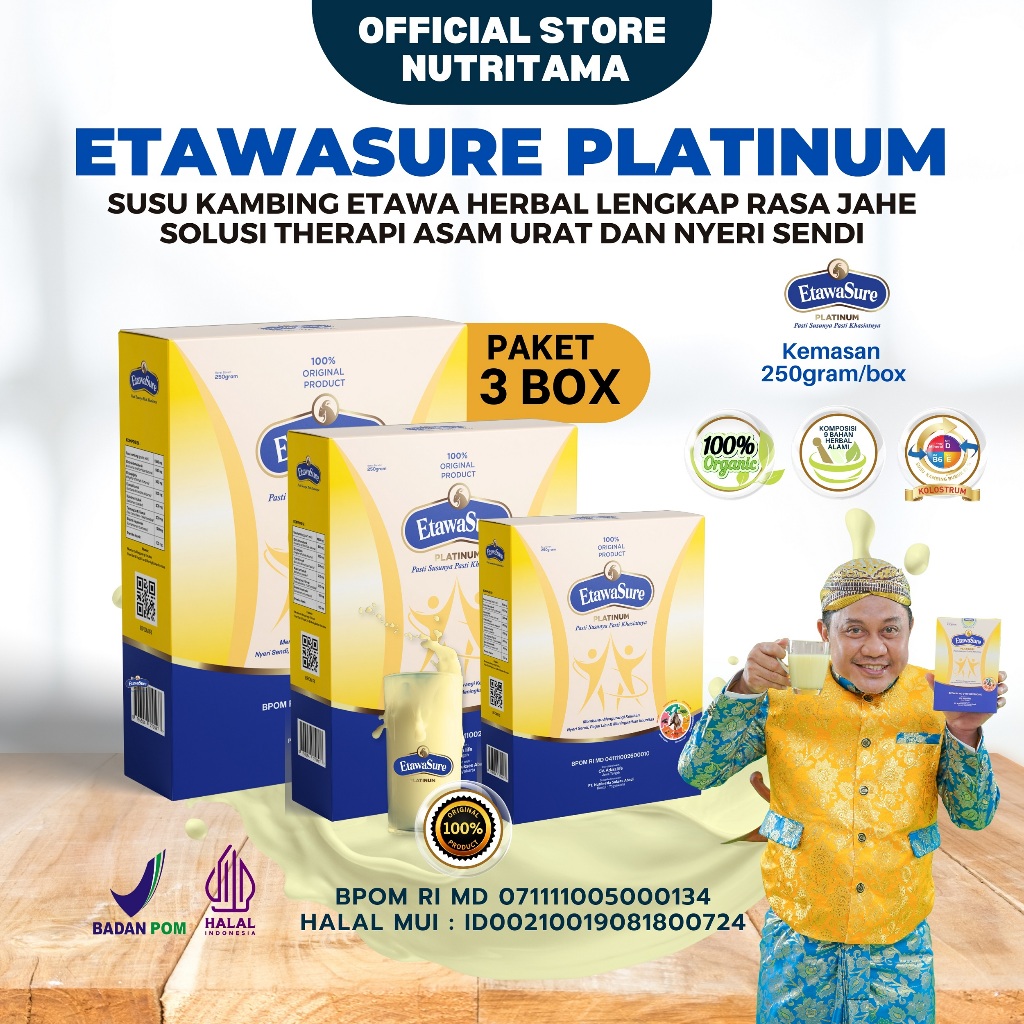 

Paket 3Box Etawasure Susu Therapy Tulang Sendi dan Asam Urat kemasan 250 gram | Susu Untuk Pegal Linu
