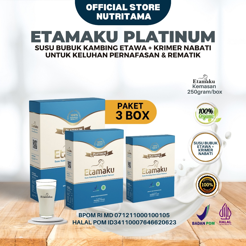 

Paket 3 Box Etamaku Susu Kambing Etawa Premium Untuk Mengatasi Keluhan Nyeri Sendi, Pegal Linu, Rematik, Pernafasan, Pencernaan - Susu Kambing Unuk Meningkatkan Imunitas Resmi Bpom dan Halal MUI