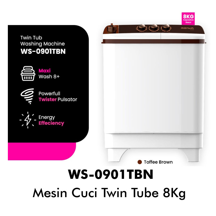 REIWA MESIN CUCI 2 TABUNG 8KG REIWA WS-0901TBN MESIN CUCI 8KG MESIN CUCI TWIN TUB 8KG