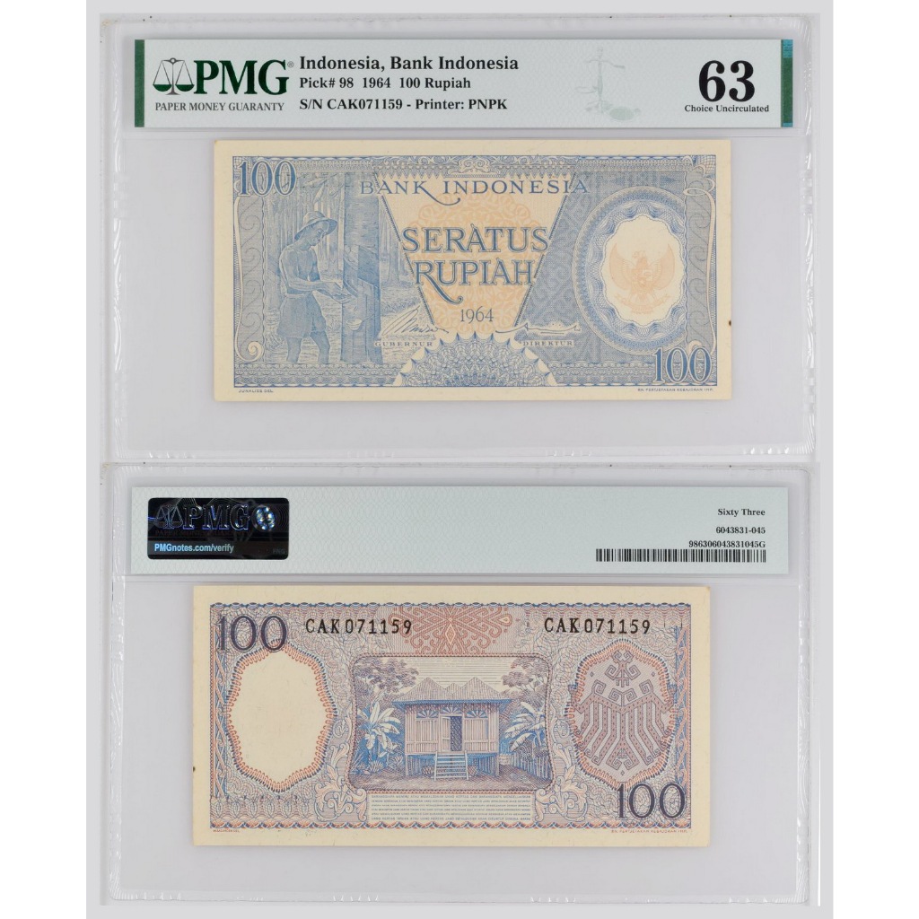 Uang kuno PMG 63 - 100 Rupiah (biru) tahun 1964 seri Pekerja-2