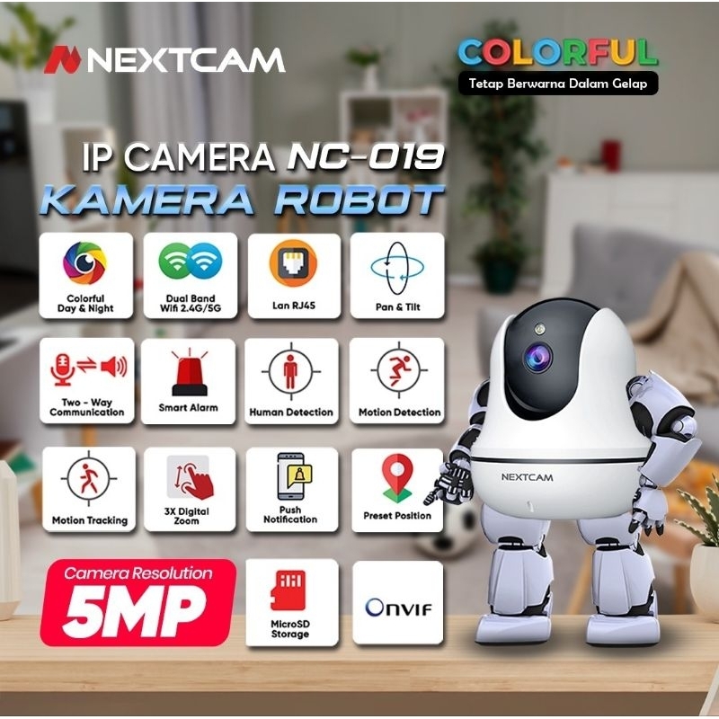 Nextcam camera cctv robot 5mp colorful kamera cctv wireless ipcamera smart alarm onvif pan&tilt bisa