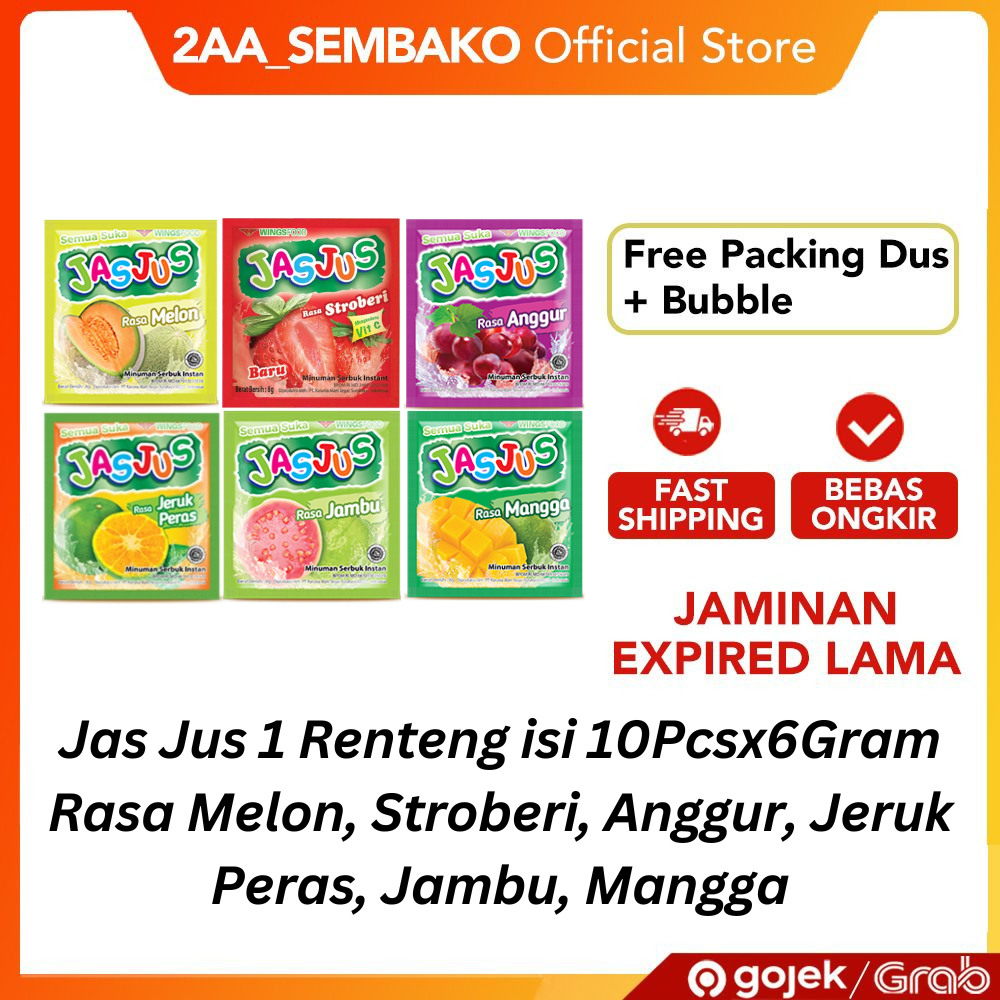 

Jas Jus Minuman Serbuk Buah Instant 1 Renteng isi 10 Sachet x 6 Gram Rasa Melon / Stroberi / Anggur /Jeruk Peras / Jambu / Mangga