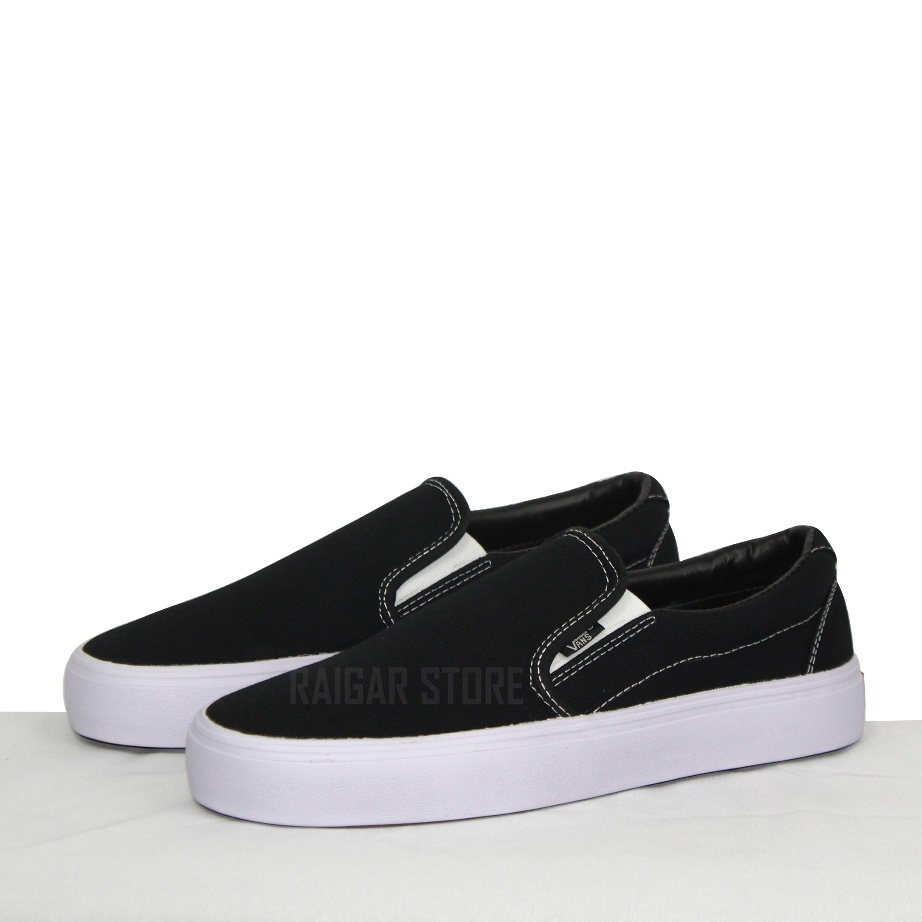 Sepatu vans slip on tanpa tali pria casual wanita canvas foxing karet putih simpel termurah