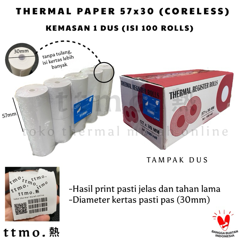 

(1 ROLL) Kertas Kasir / Thermal Paper 57x30 CORELESS EDC BRI BCA TANPA TULANG HASIL PRINT PASTI JELAS (Excelindo)