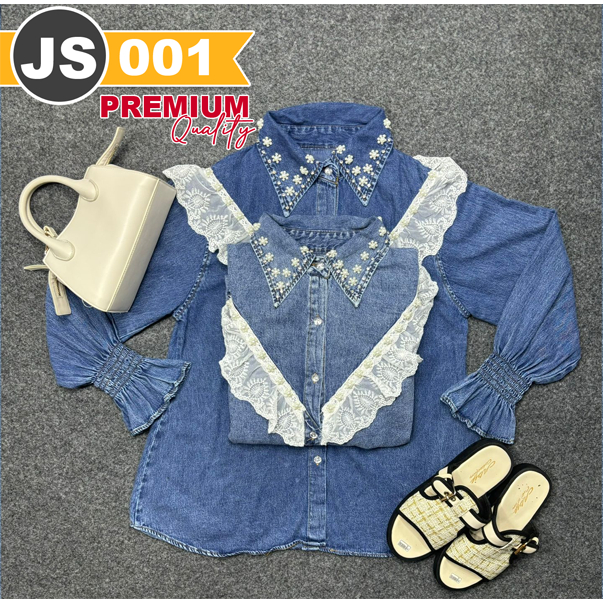 JS-001 Atasan Kemeja Jeans Wanita Bahu Bunga Kerah Motif Bunga Kecil lengan Kerut Premium