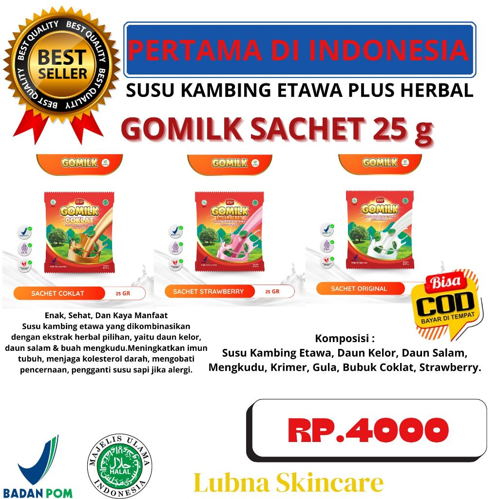 

[ 10 PCS ] [ GRATIS JAHE ] Gomilk Susu Kambing Etawa Plus Herbal Penambah Nafsu Makan Anak @25 gr