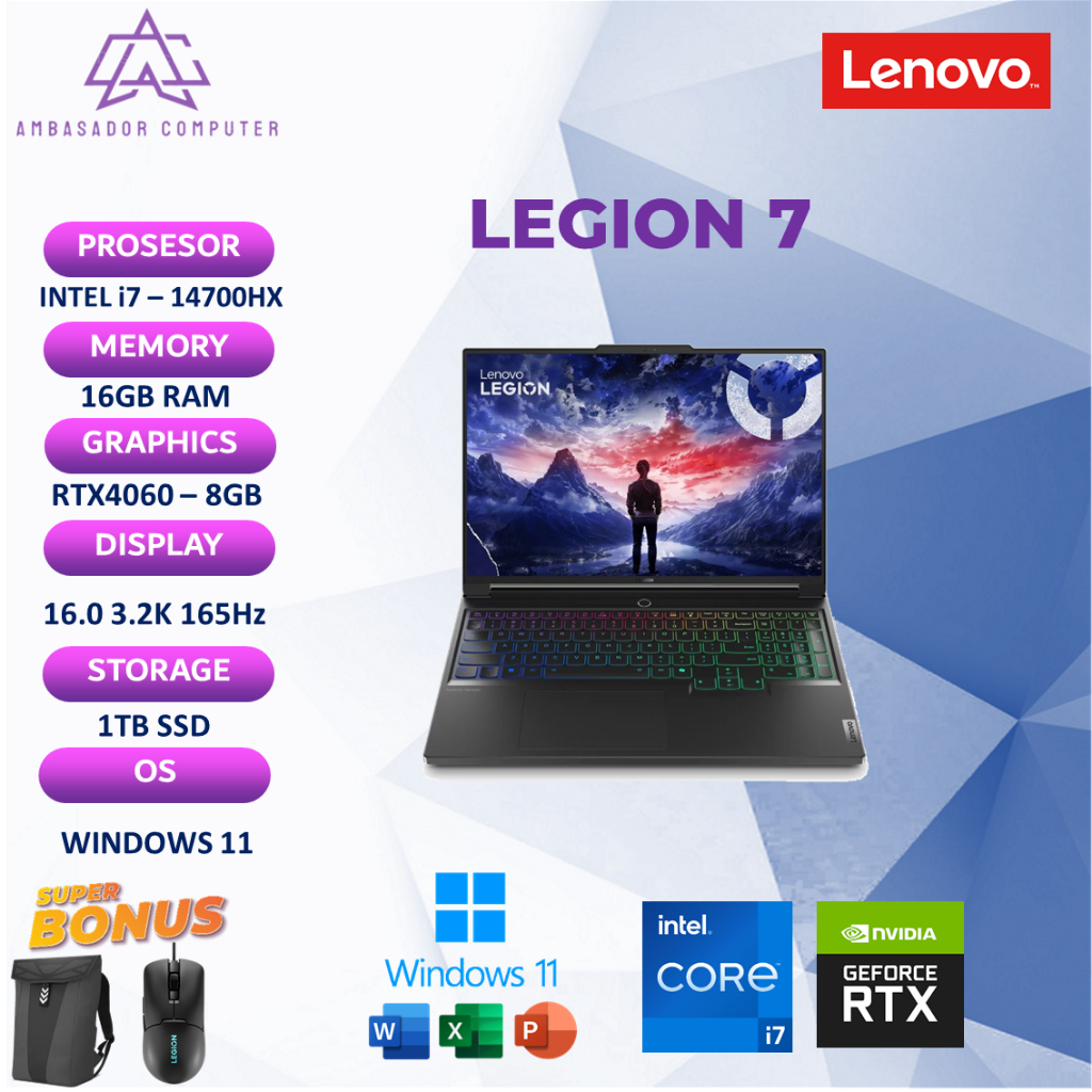 Lenovo Legion 7 16 i7 14700HX RTX4060 8GB 16GB 1TB Windows11+OHS 3K 165Hz