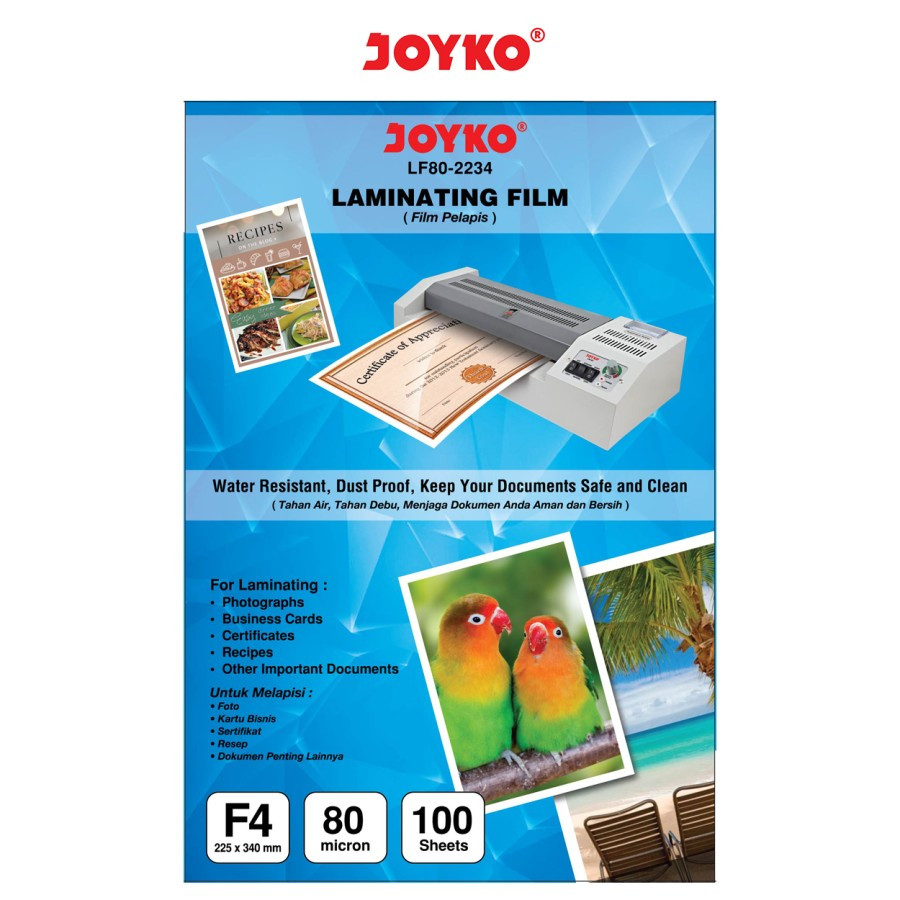 

Laminating Film Plastik Laminating Joyko LF80-2234 F4 80 Micron 100 Sheets