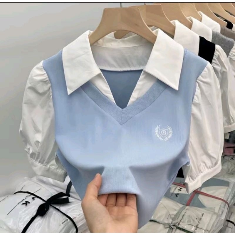baju top vest blue model korea