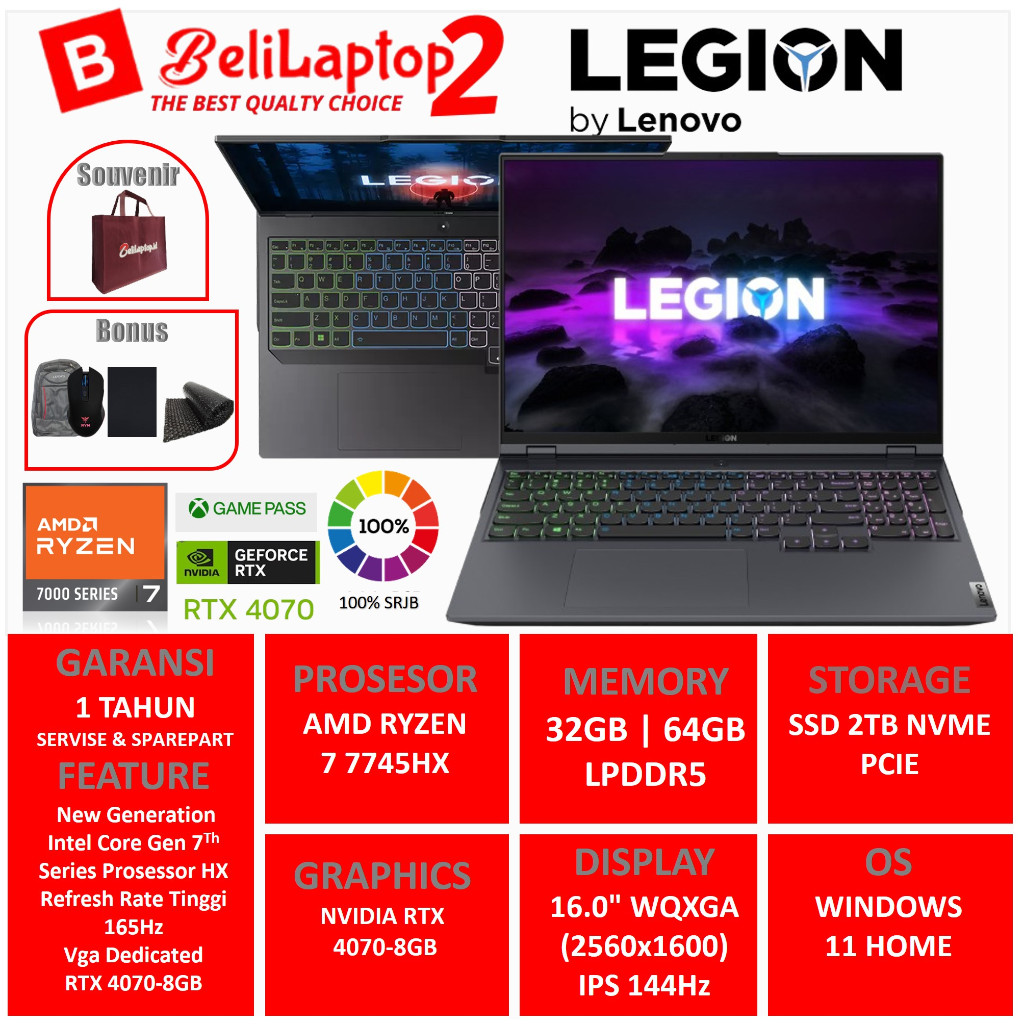 Laptop Gaming Lenovo Legion 5 PRO 16 AMD RYZEN 7 7745HX RAM 64GB SSD 2TB RTX 4070-8GB 16.0 WQXGA 100