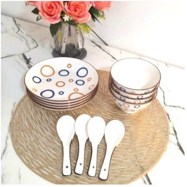 Set Piring Mangkuk Makan Keramik 12pcs Motif Bubble Porselen  Sendok Polkadot