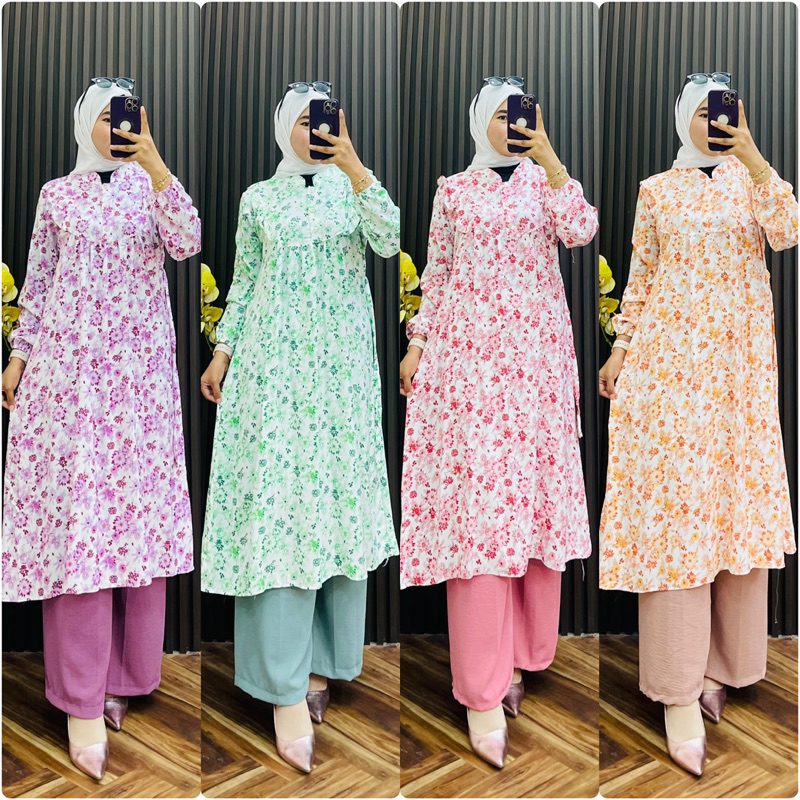 one set wanita long tunik katun rayon motif premium