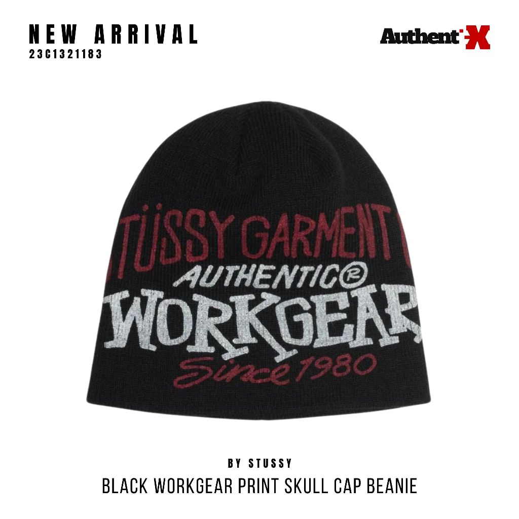 STUSSY WORKGEAR PRINT SKULLCAP BEANIE HAT - BLACK