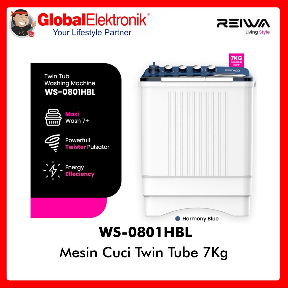 REIWA MESIN CUCI 2 TABUNG 7KG REIWA WS-0801HBL MESIN CUCI REIWA 7KG TWIN TUB REIWA 7KG